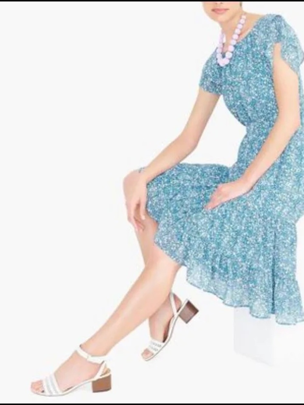 J. Crew Teal Floral Midi Dress with Flutter Sleeves - Picture 2 of 4